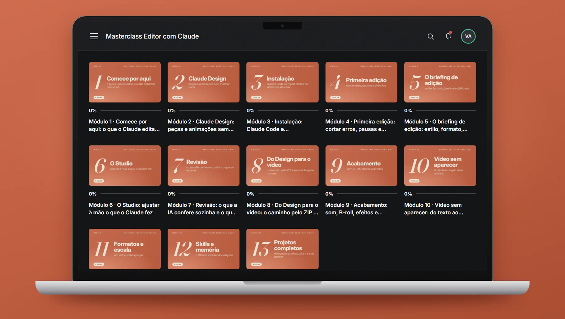 A área de membros da Masterclass Editor com Claude, com as capas dos treze módulos e o progresso de cada um